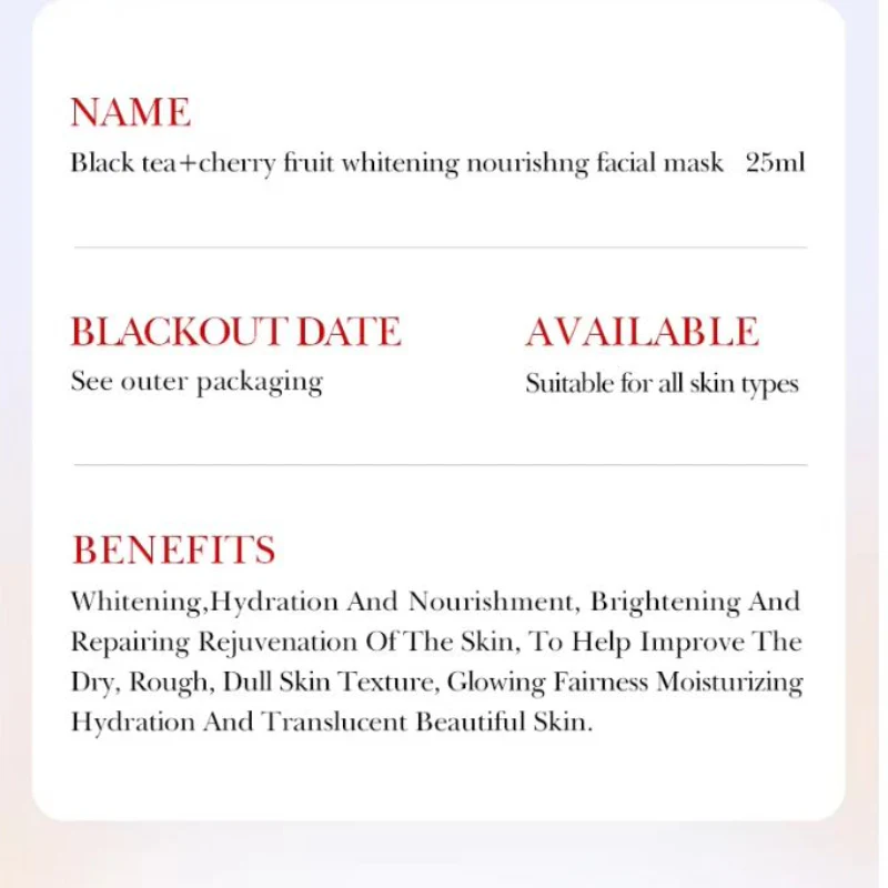 BIOAQUA Black Tea & Cherry Fruit Whitening Nourishing Facial Sheet Mask 25ml - Image 2