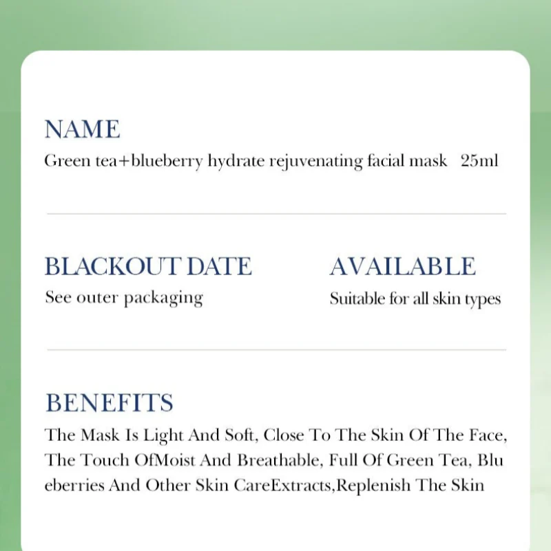 BIOAQUA Green Tea & Blueberry Hydrating Rejuvenating Facial Sheet Mask 25ml - Image 2