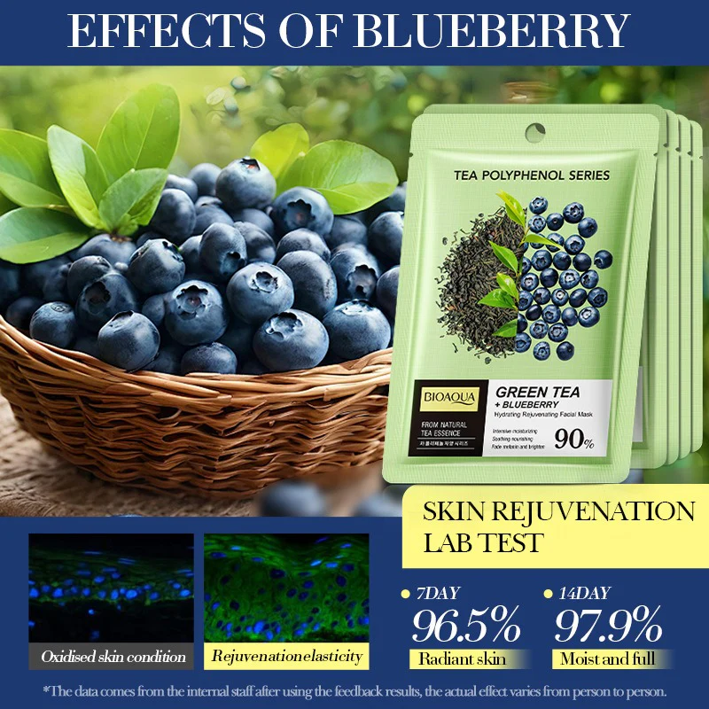 BIOAQUA Green Tea & Blueberry Hydrating Rejuvenating Facial Sheet Mask 25ml - Image 3