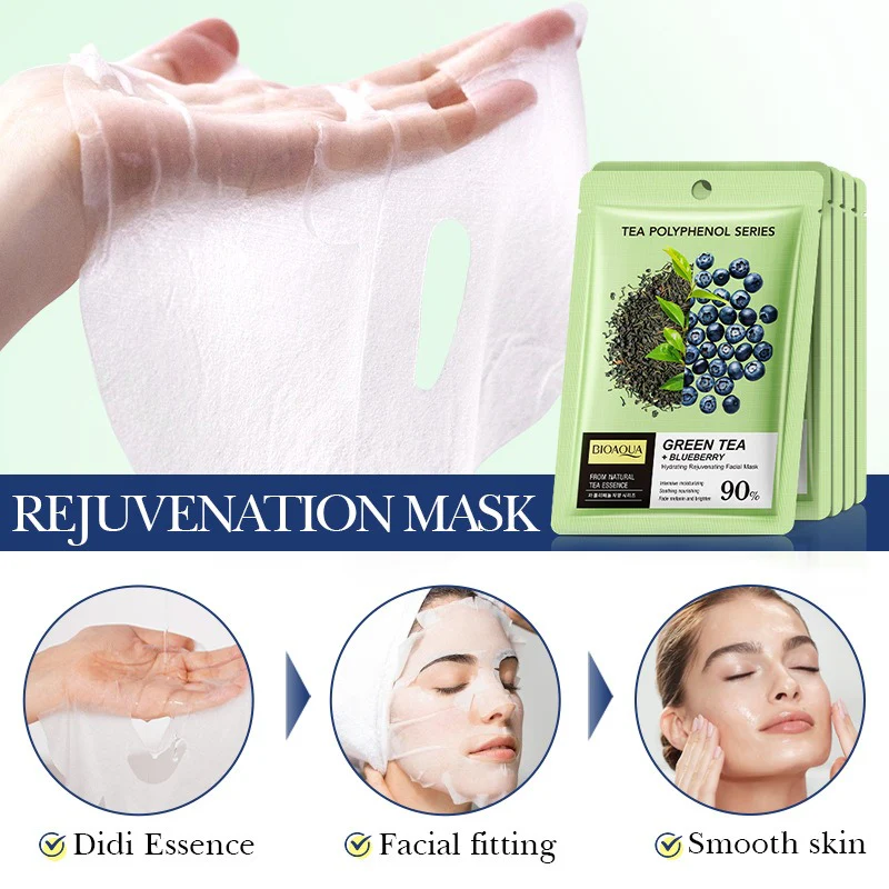 BIOAQUA Green Tea & Blueberry Hydrating Rejuvenating Facial Sheet Mask 25ml - Image 4