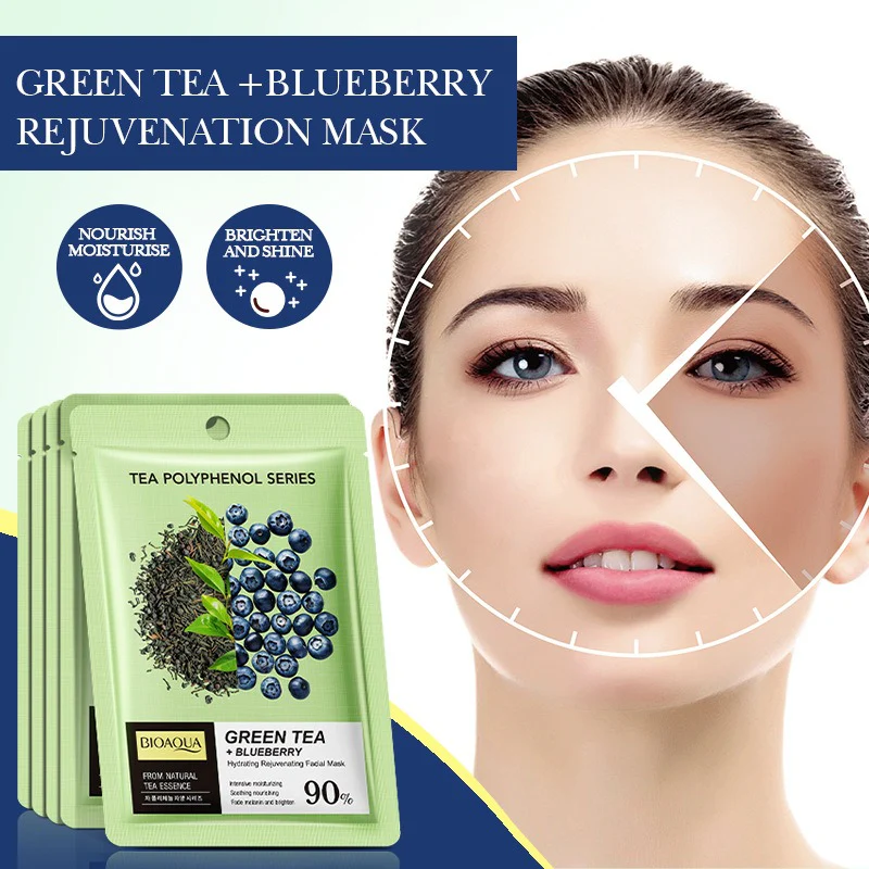 BIOAQUA Green Tea & Blueberry Hydrating Rejuvenating Facial Sheet Mask 25ml - Image 6