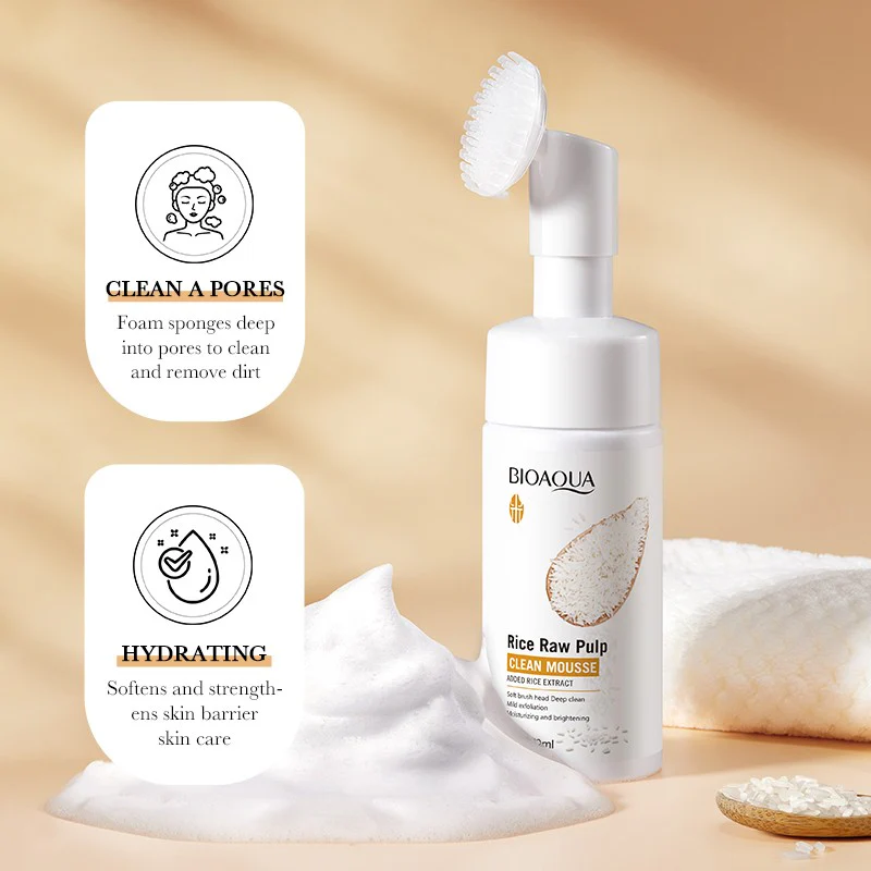 Bioaqua Rice Raw Pulp Clean Mousse Foam Facial Cleanser Brush 120ml - Image 4