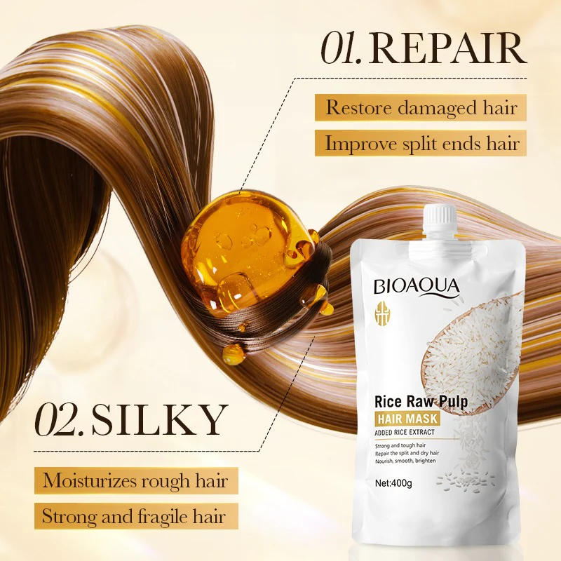 BIOAQUA Rice Raw Pulp Hair Mask - Repairing Treatment for Dry Damaged Hair - 400g - Image 6