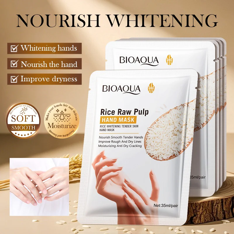 BIOAQUA Rice Whitening Hand Mask - Moisturizing & Exfoliating Glove Mask - 35ml/Pair - Image 2