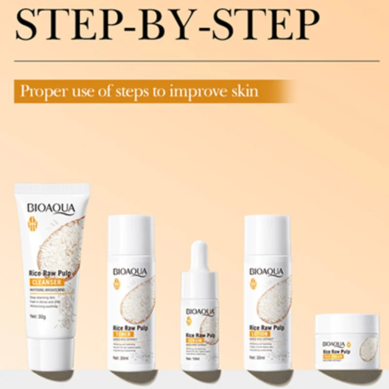 BIOAQUA Rice Raw Pulp Whitening Travel 5-Piece Set - Brightening Skincare Kit - Image 3