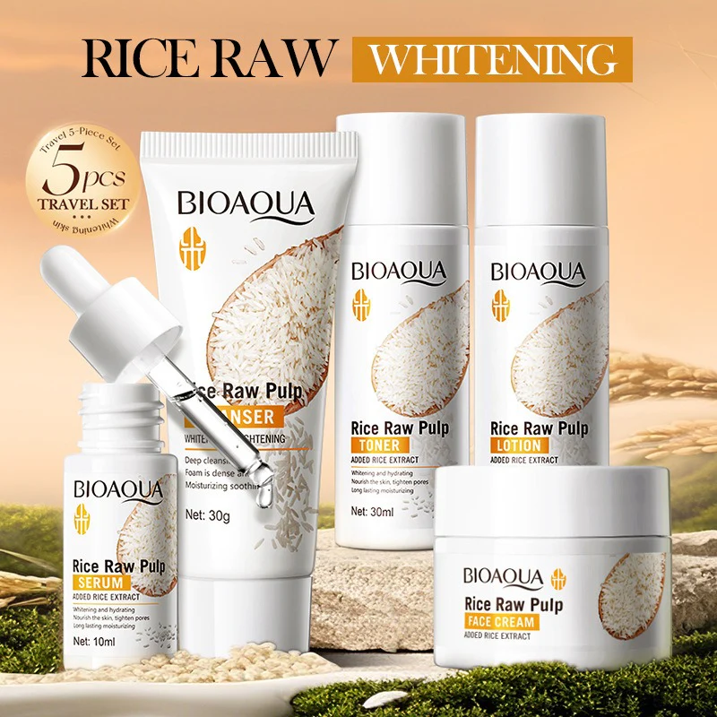 BIOAQUA Rice Raw Pulp Whitening Travel 5-Piece Set - Brightening Skincare Kit - Image 4