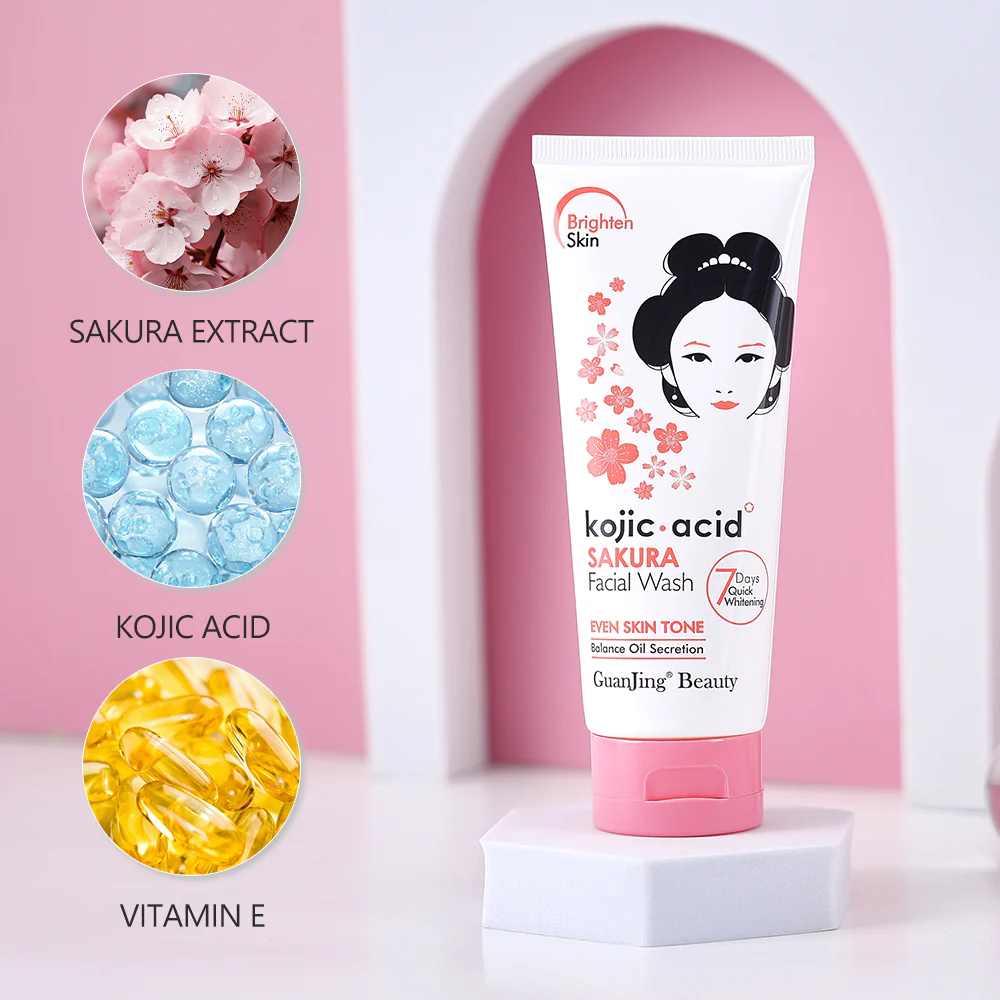 GUANJING Sakura Facial Wash - Kojic Acid & Vitamin E Brightening Cleanser - 100g - Image 2